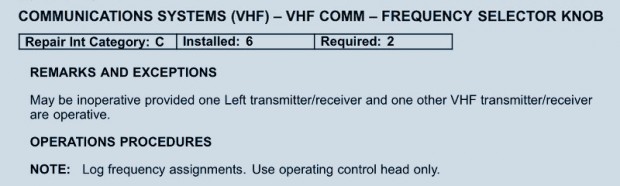 Example of an aircraft Minimum Equipment List -- VHF Frequency Selector Knob