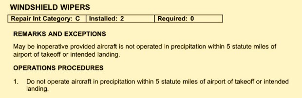 Example of an aircraft Minimum Equipment List - Windshield Wipers