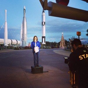 Maria LaRosa, shooting a spot for The Weather Channel at the Kennedy Space Center Visitor Complex Rocket Garden. 