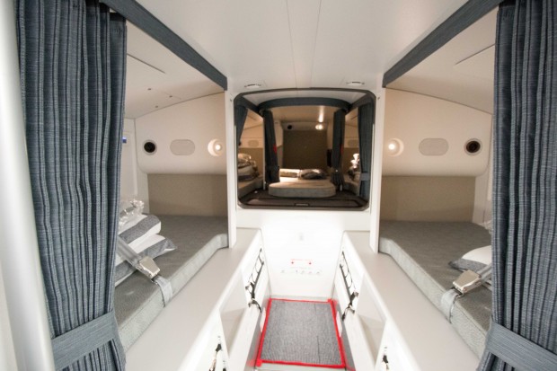 Over the rear of the economy cabin is a crew rest area. Accessed through a ladder in the rear galley area, it has bunks for six flight attendants. Airbus tells us that there is an option to add two more bunks, for a total of 8.
