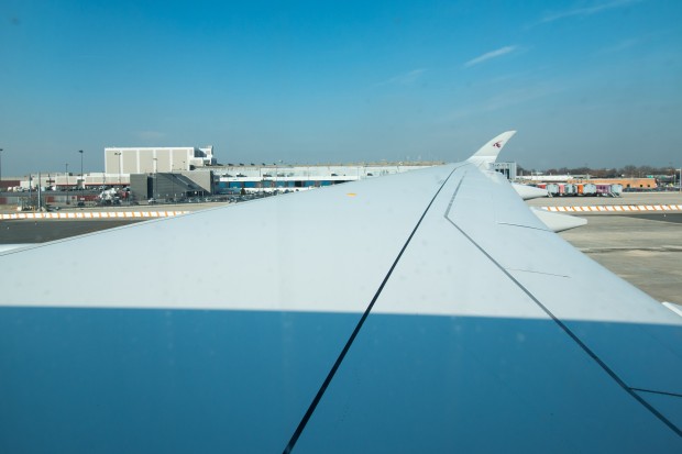 The immense wing of the A350. Remarkably smooth due to the carbon fiber construction.