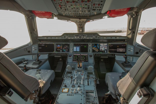 The A350's spacious and modern flight deck.