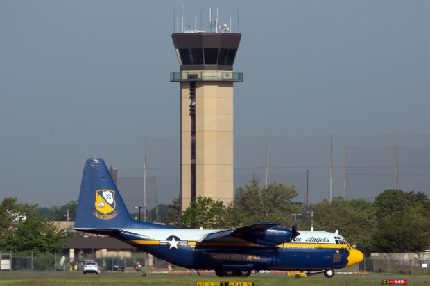 Fat Albert rolls past Republic Airport's control tower.