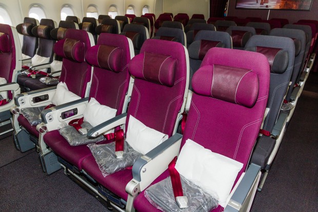 Onboard, the 3-4-3 economy class configuration. 