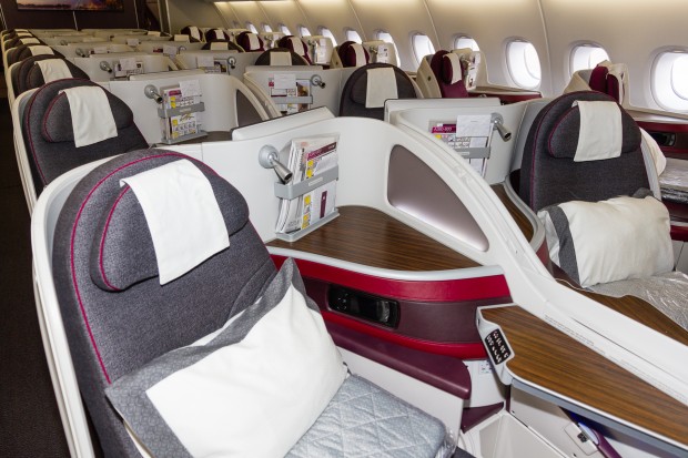 The business class cabin onboard Qatar Airways' A380. 