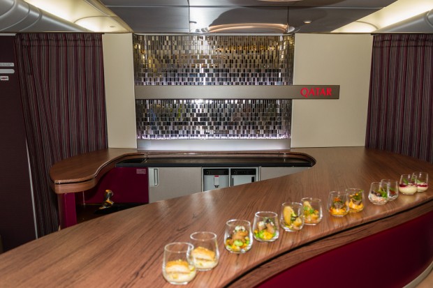 The onboard bar area for premium cabin passengers. 