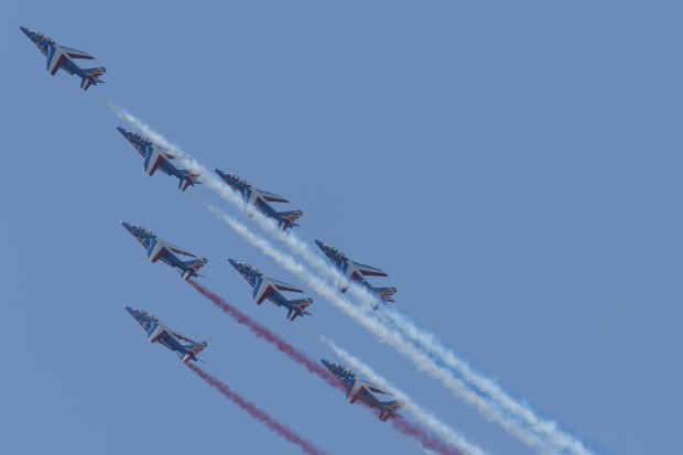 An 8 ship formation of Alphajets pulling up for a roll along the show line.