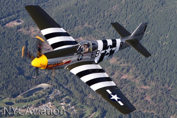 HFF founder & owner John Sessions flies HFF’s P-51 Impatient Virgin over the foothills of the Cascades.