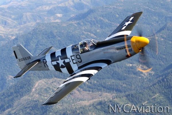 John Sessions flies HFF’s P-51 Impatient Virgin over the foothills of the Cascades.