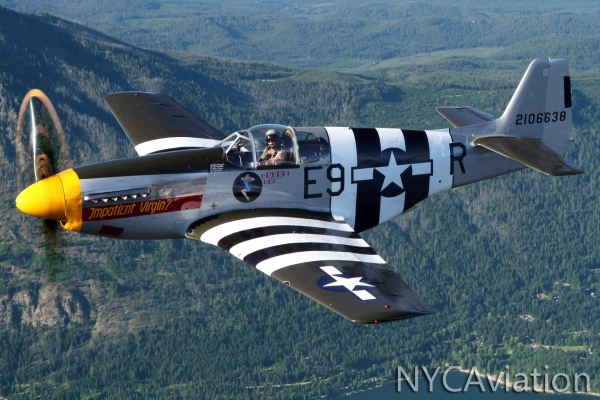 Sessions flies HFF’s P-51 Impatient Virgin over the foothills of the Cascades.