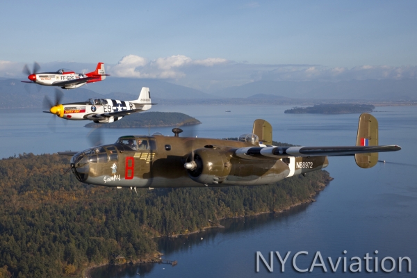 HFF\'s B-25 Grumpy and two friends including the museums P-51 Impatient Virgin fly in tight formation over Western Washington.