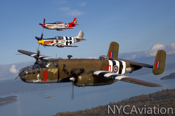 HFF\'s B-25 Grumpy and two friends including the museums P-51 Impatient Virgin fly in tight formation over Western Washington.