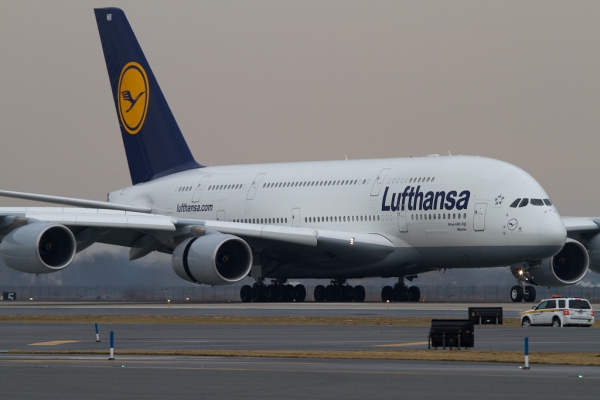 Lufthansa\'s A380 D-AIMB rolls out after touching down on JFK Runway 31L. (Photo by Eric Dunetz/NYCAviation)