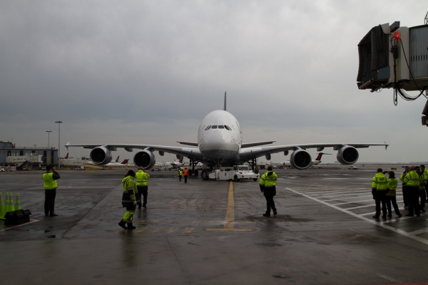 Lufthansa\'s A380 D-AIMB rolls into Terminal 1\'s Gate 8. (Photo by Eric Dunetz/NYCAviation)