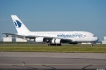 Malaysia Airlines’ first A380 moves to the flight line in preparation for its delivery. The aircraft is painted with the base design of Malaysia Airlines’ bright new livery, with additional features developed specifically for this A380 livery to be applied post-delivery. (Photo by Airbus/P. Pigeyre)