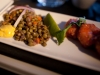 Tandoori shrimp with curry sauce and [a delicious] lentil salad.