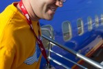 Southwest's Brooks Thomas deboards the airplane at OSH