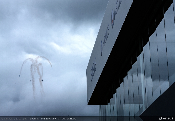 A Farnborough Airshow flying display is shown from the dedicated pavilion for Airbus parent company EADS, which is located near the static display area. (Photo by Airbus)