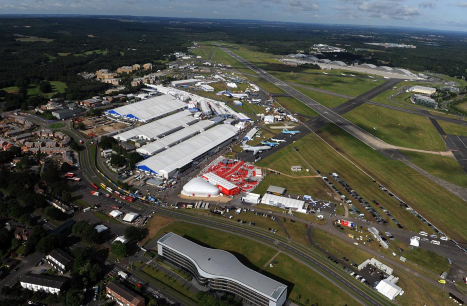 Another angle of the Farnborough International Airshow static display as seen from the sky. (Photo by Farnborough International)