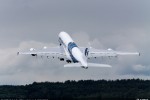 Malaysia Airlines no. 2 A380 takes off for its high-profile flight presentation during opening day of the 2012 Farnborough International Airshow. (Photo by Airbus)