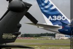Tail rotor of a Eurocopter and the tail of the Airbus A380 demonstrator aircraft. (Photo by Airbus)