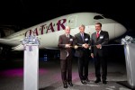 Boeing Commercial Airplanes CEO Ray Conner, Qatar Airways CEO Akbar al Baker and Qatar's ambassador to the United States Mohamed Bin Abdulla Al-Rumaini pose in front of the new Qatar Airways Boeing 787 Dreamliner. (Photo by Liem Bahneman/NYCAviation)