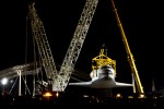 Head-on view of the Space Shuttle Enterprise being raised. (Photo by Eric Dunetz)