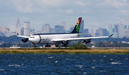 Moammar Qadaffi personal Afriqiyah Airbus A330 taxis to take off from New York's JFK Airport following an appearance at the UN General Assembly in 2009