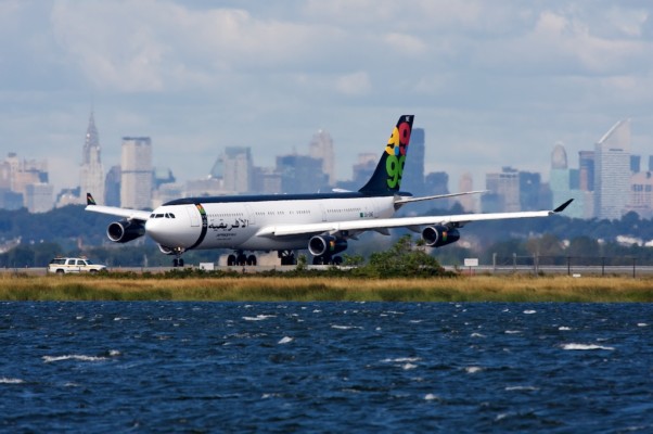 Moammar Qadaffi personal Afriqiyah Airbus A330 taxis to take off from New York's JFK Airport following an appearance at the UN General Assembly in 2009