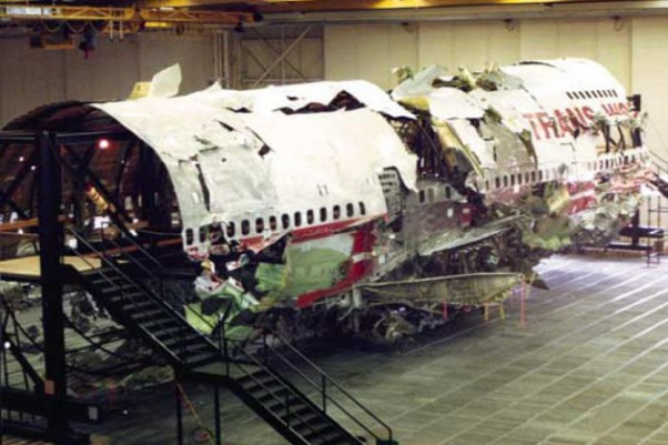 The wreckage of the Boeing 747-100 that operated TWA Flight 800 was reconstructed in a hangar. (Photo by NTSB)