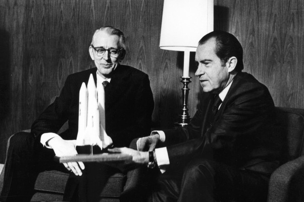 President Richard M. Nixon and Dr. James C. Fletcher, NASA Administrator, discuss the proposed Space Shuttle vehicle in San Clemente, California, on January 5, 1972. (Photo by NASA)