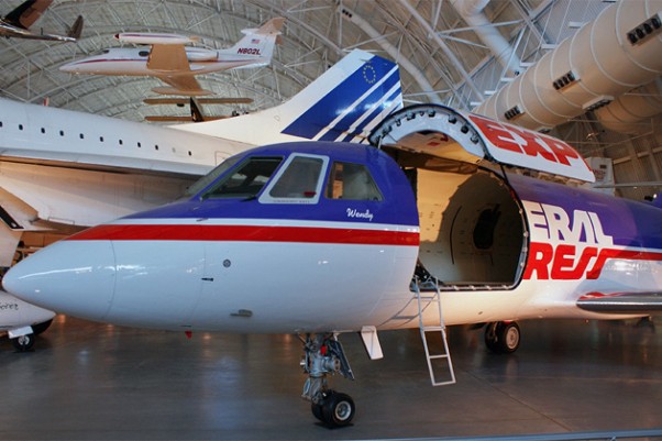 The first FedEx aircraft to carry a package, a Dassault Falcon 20 (N8FE), on display at the Smithsonian National Air and Space Museum's Steven F. Udvar-Hazy Center. (Photo by Christopher Owens)