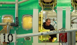 Worker inside the fuselage of a new Boeing 737-800