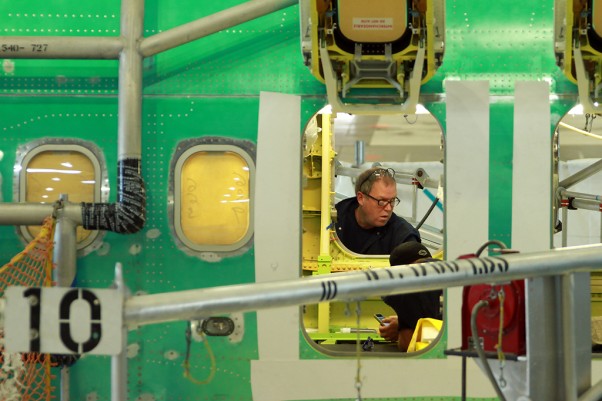 Worker inside the fuselage of a new Boeing 737-800