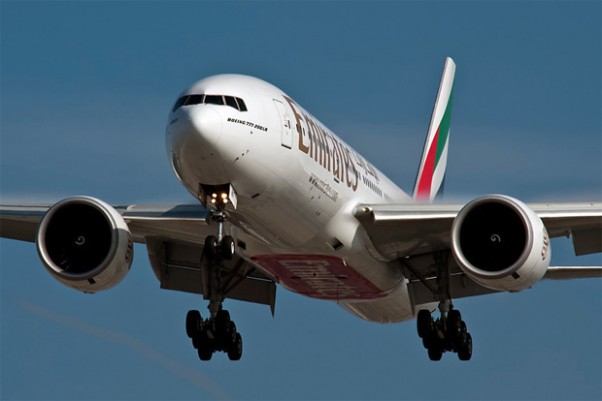 An Emirates Boeing 777 on final approach to LAX from Dubai