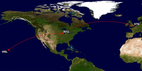 HNL-RFD = 4181 miles. RFD-STN = 4001 miles. 20 hours on a 767 = Priceless.