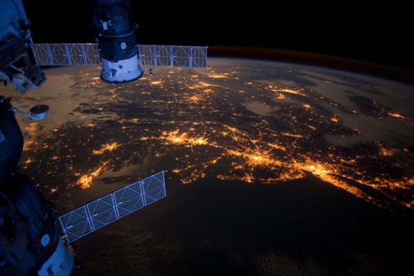 Photo of the Day: In this nighttime photo from the International Space Station, Long Island and the New York City area are visible in the lower right, Philadelphia and Pittsburgh are near the center. Parts of two Russian vehicles parked at the orbital outpost are seen in left foreground.