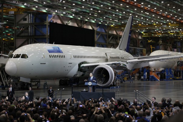 President Barack Obama speaks in front of a Boeing 787 assembly line. (Photo by Jeremy Dwyer-Lindgren/NYCAviation)