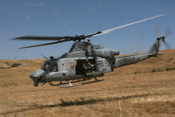 U.S. Marine Corps pilots from Marine Light Attack Helicopter Training Squadron 303, Marine Aircraft Group 39, 3rd Marine Aircraft Wing, prepare to land a UH-1Y Huey belonging to the squadron, during confined area landing training at Marine Corps Base Camp Pendleton in 2008
