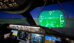 Looking through the heads-up display on the Boeing 787 simulator. (Photo by Jeremy Dwyer-Lindgren)