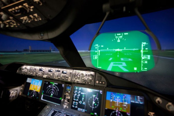 Looking through the heads-up display on the Boeing 787 simulator. (Photo by Jeremy Dwyer-Lindgren)