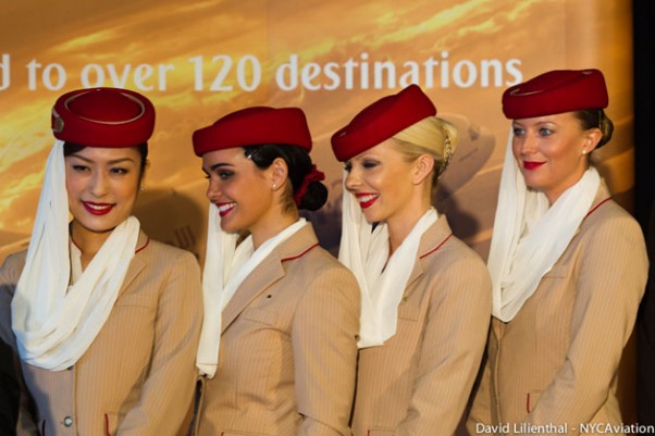 Emirates flight attendants pose for photos in Seattle