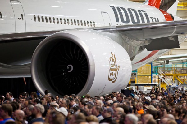 Crowds gathered around the 1,000th Boeing 777 ever built, which will soon be delivered to Emirates A6-EGO