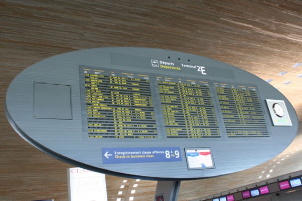 Departures board in Charles De Gaulle Airport's Terminal 2E. (Photo by Matt Molnar)