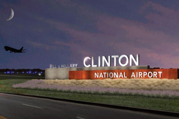 This sign may greet visitors to the newly renamed Bill and Hillary Clinton National Airport in Little Rock.