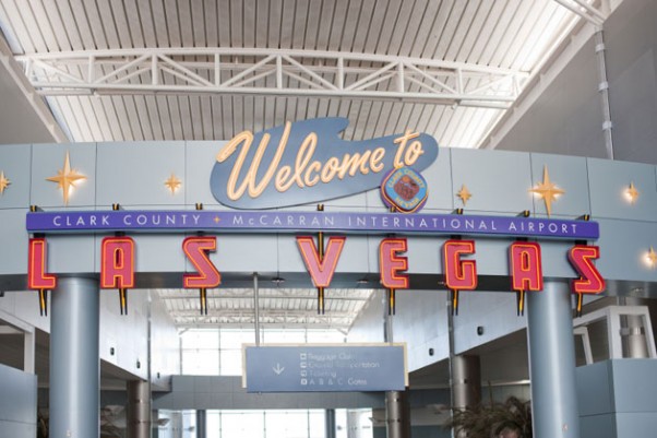 A sign welcomes flyers arriving at McCarran International Airport in Las Vegas