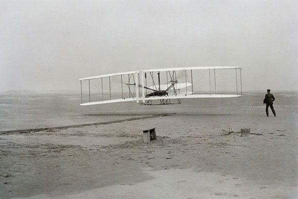 First successful flight of the Wright Flyer in 1903, for which the Wright Brothers filed a patent on March 23, 1902.