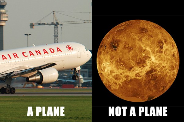 An Air Canada Boeing 767-300ER (C-GEOQ) seen lifting off from Montreal (left: Photo by Gordon Gebert Jr.). A radar image of Venus from the Magellan spacecraft. (right: Image by NASA)