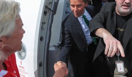 Virgin America President & CEO David Cush, center, is greeted by Virgin Group founder Sir Richard Branson, left, in Philadelphia. (Photo by Manny Gonzalez/NYCAviation)