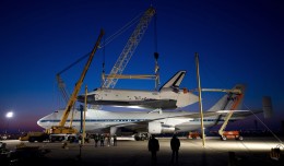 In preparation for its flight to New York, Space Shuttle Enterprise is mounted to the top of the Boeing 747 Shuttle Carrier Aircraft at Dulles Airport early Friday morning. (Photo by NASA/Bill Ingals)